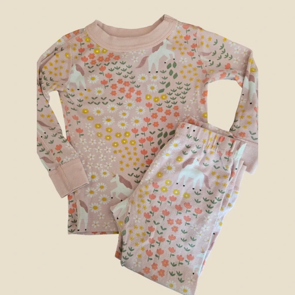 Hanna Andersson Pink Unicorn Floral Organic Cotton Pajama Set Kids 3T 90cm